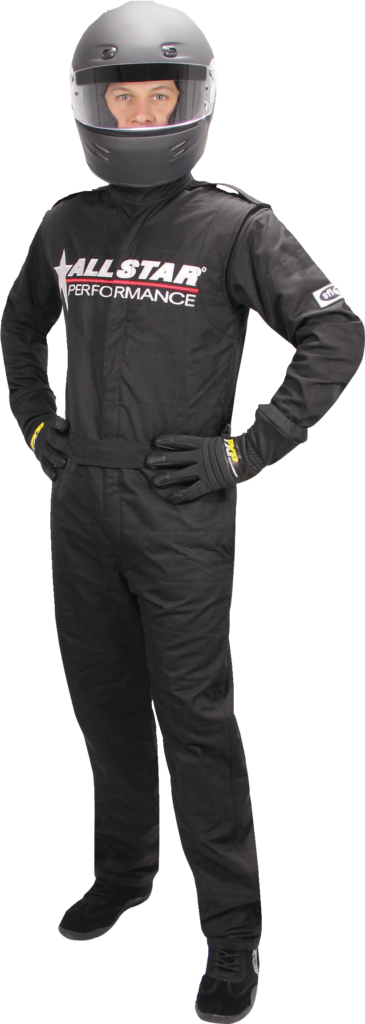Proper safety gear includes a racing suit and helmet. 