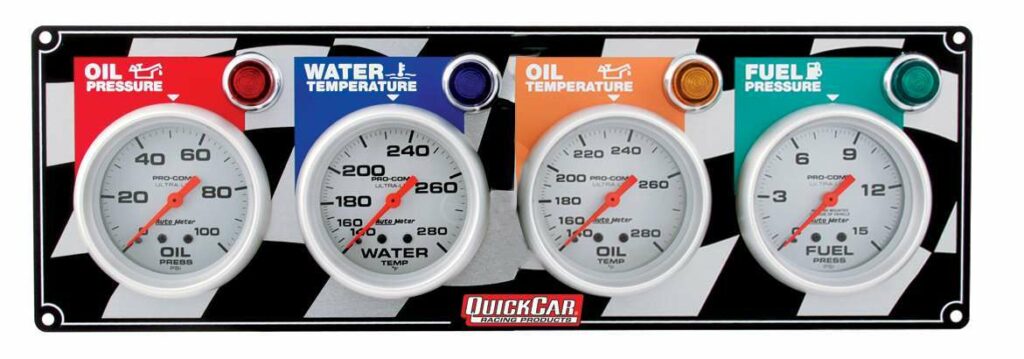 Gauges for oil pressure, water temperature, oil temperature, and fuel pressure, each with a warning light. 