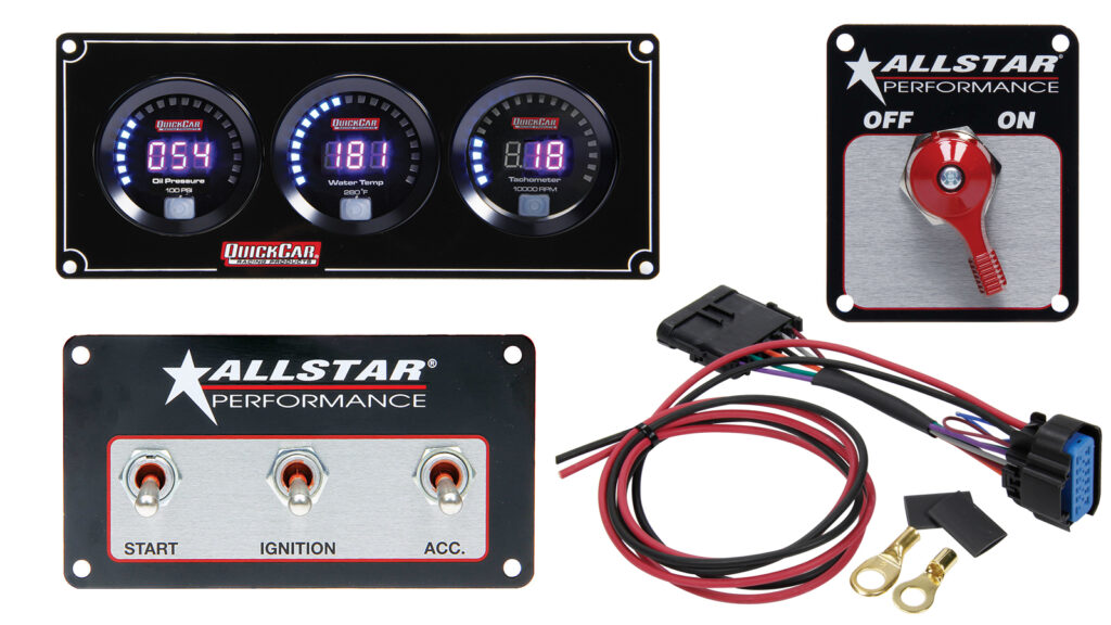 Components like QuickCar 3-gauge digital gauge panel, Allstar Performance battery disconnect switch, Allstar Performance ignition switch panel, and QuickCar ignition wiring harness simplify wiring tasks.